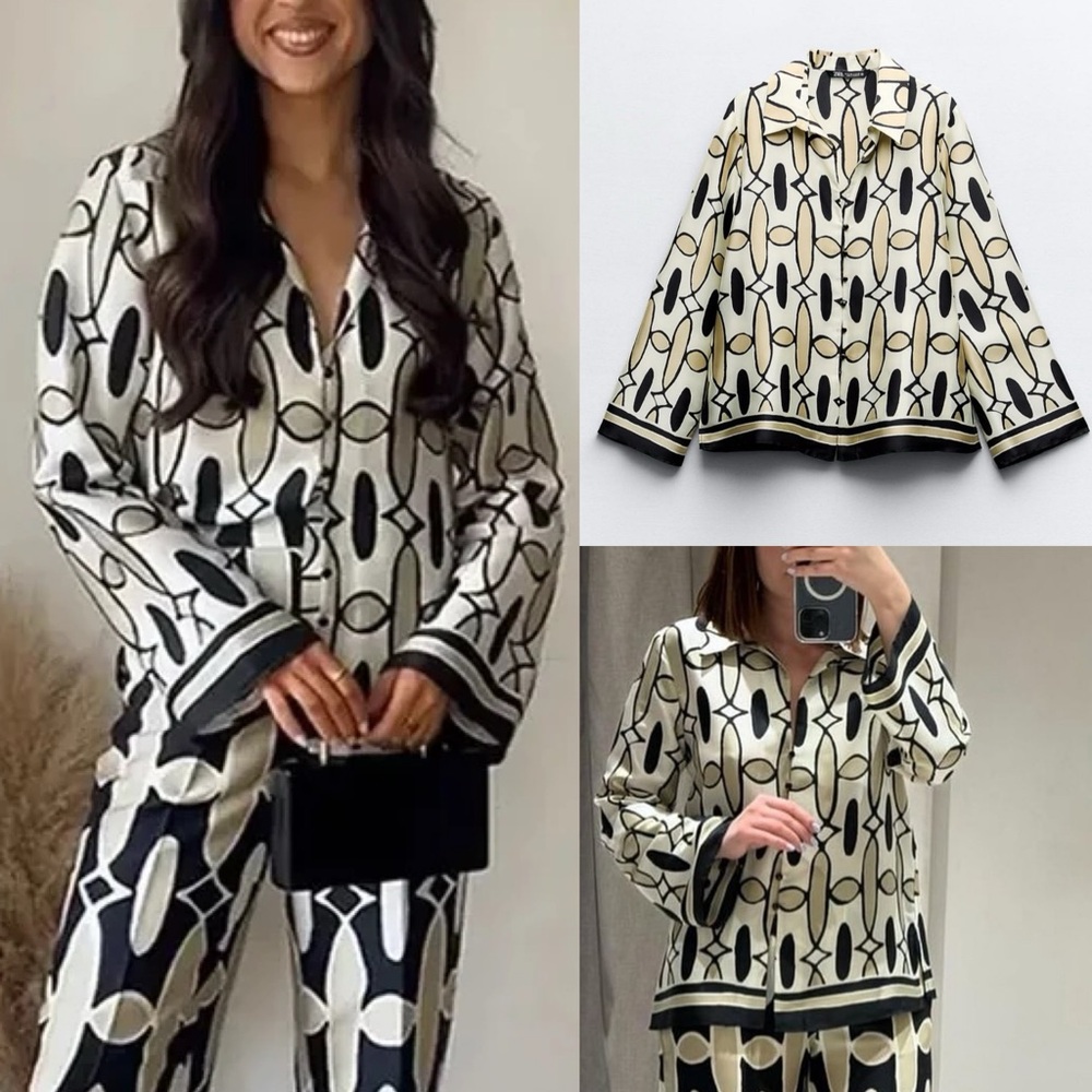 Zara NWT geo print beige cream white & black printed satin button up shirt